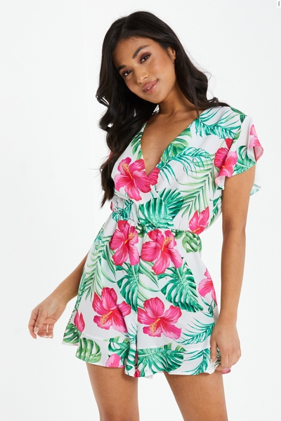 Petite White Tropical Frill Playsuit